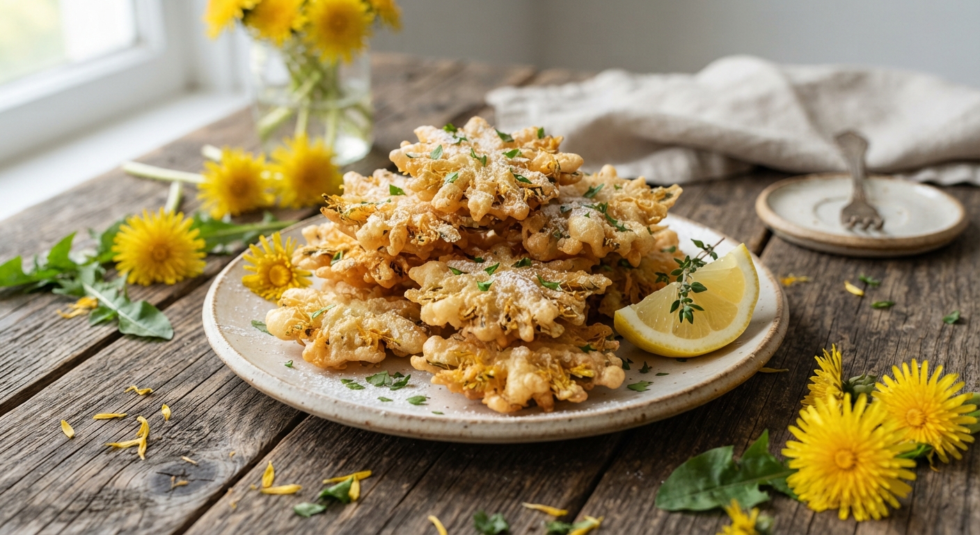 Golden crispy dandelion flower fritters on a ceramic plate with a lemon wedge