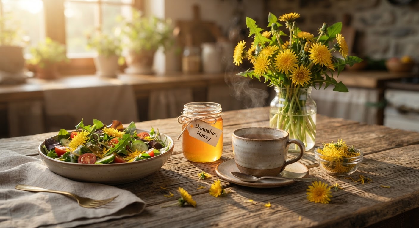 Rustic arrangement of dandelion-based foods — tea, honey, salad, and fresh flowers