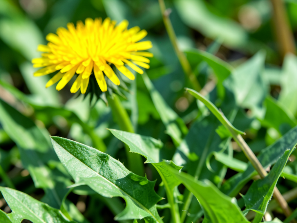 Close-up macro photo of fresh green dandelion leaves with a single yellow flower in background, vibrant natural colors