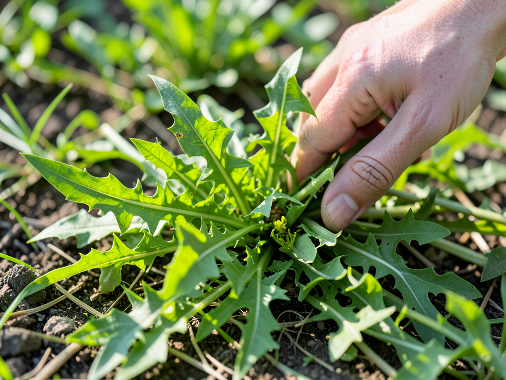 Harvesting fresh dandelion greens from the ground in early spring