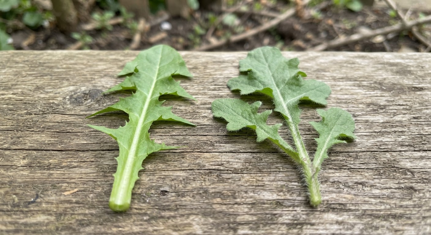 Close-up comparison of dandelion leaves and similar-looking lookalike weeds side by side on a wooden surface, showing distinguishing leaf features, natural daylight, realistic, shot by iphone 13