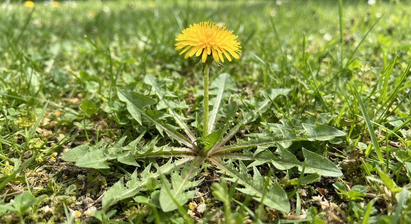 Close-up of a dandelion plant showing deeply toothed green leaves and a single yellow flower on a hollow stem, growing in a lawn