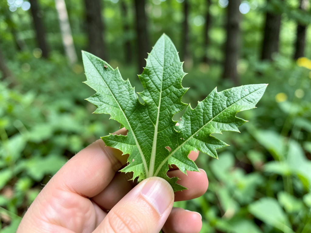 Close-up macro photo of a foragerâs hand holding wild dandelion leaves, showing detailed leaf venation and tooth patterns against a blurred green background