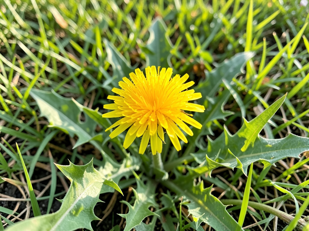 Close-up of a bright yellow dandelion flower with jagged green leaves in a lawn