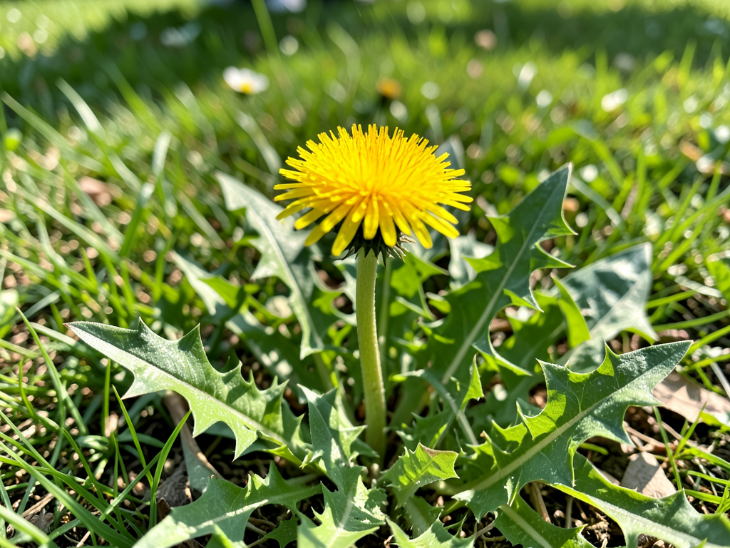 A healthy dandelion plant with bright yellow flower and deeply toothed green leaves growing in a garden lawn