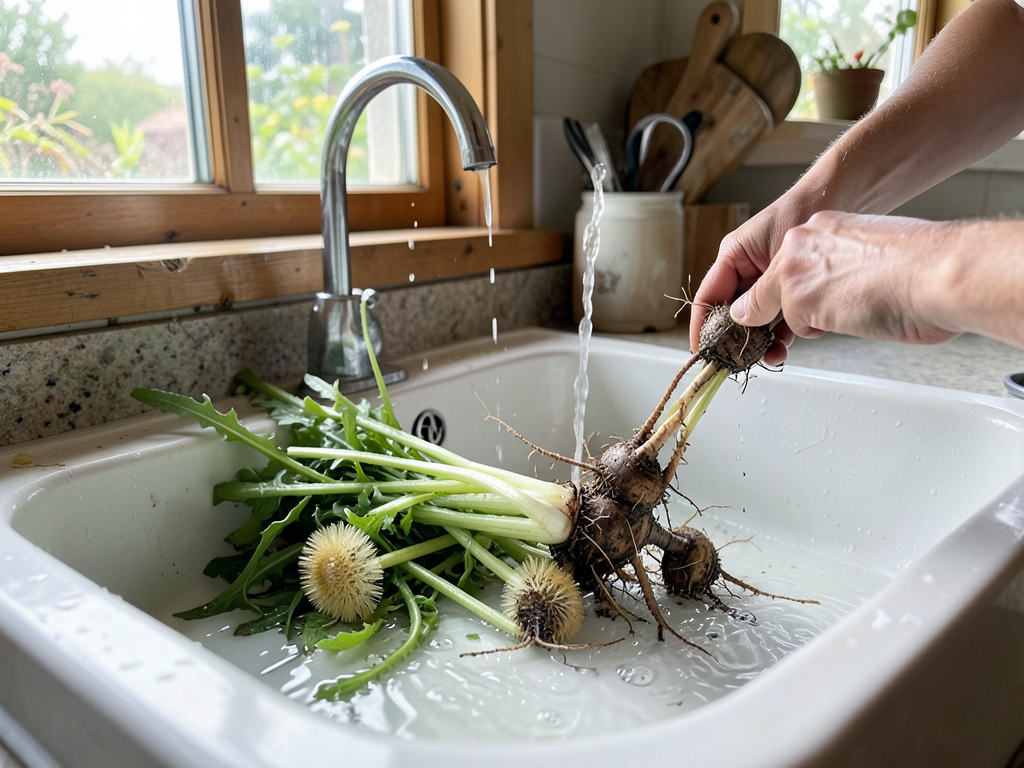 Fresh dandelion roots being cleaned under running water before roasting