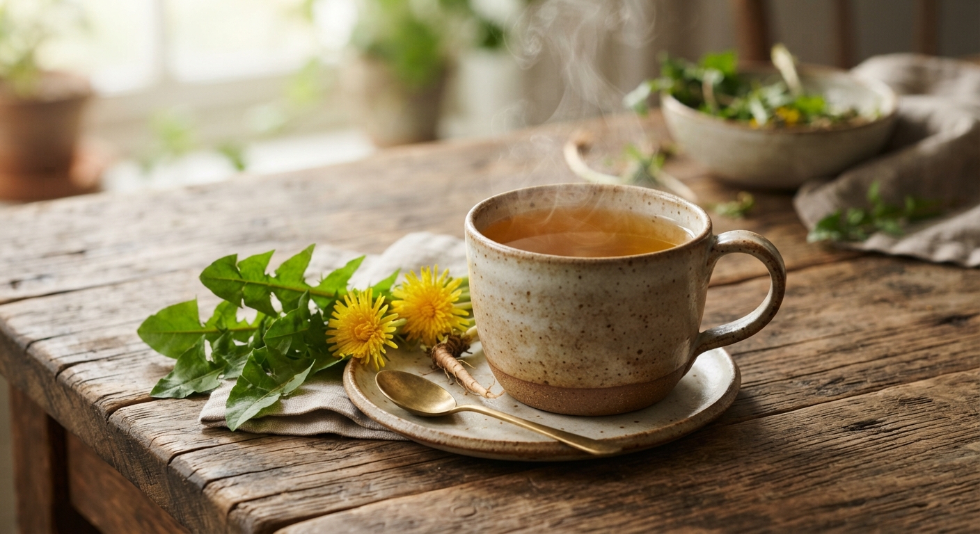 A steaming ceramic mug of golden herbal tea made from foraged dandelion root, beside fresh dandelion leaves and flowers on a rustic wooden table, natural light
