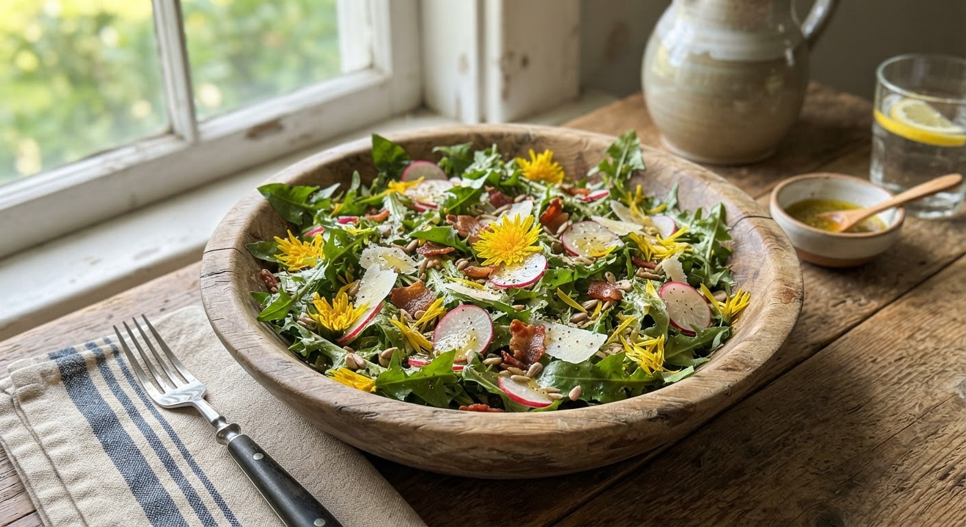A beautiful rustic dandelion salad in a wooden bowl with fresh dandelion greens, yellow flower petals scattered on top, sliced radish, and a light vinaigrette, on a wooden farmhouse table with natural window light, appetizing food photography, realistic, shot by iphone 13