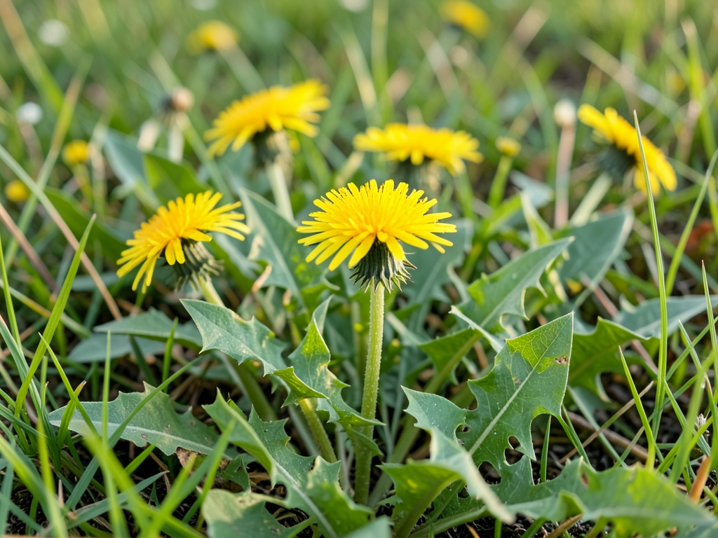 Fresh dandelion flowers and leaves in a meadow