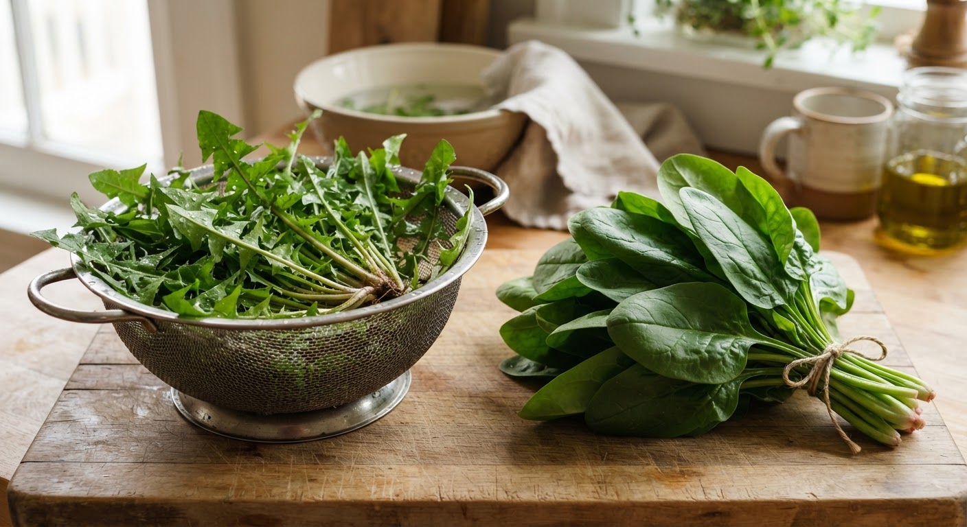 Fresh dandelion greens in a colander next to a bunch of spinach on a cutting board