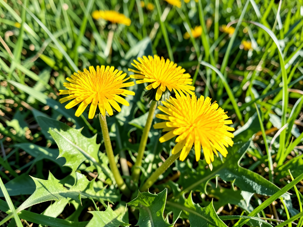 Close-up of vibrant yellow dandelion flowers and jagged green leaves in a sunny field