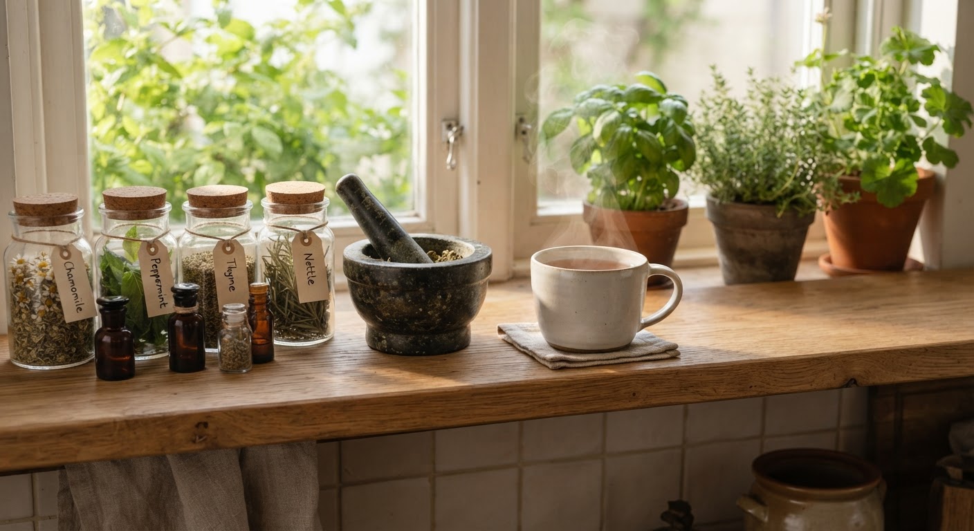 A wooden kitchen shelf with glass jars of dried wild herbs, a mortar and pestle, and a cup of herbal tea