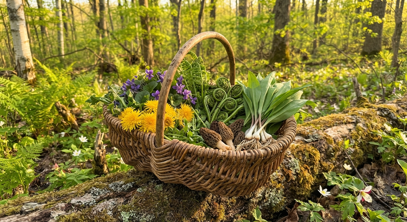 Beautiful spring foraging basket with wild edible plants