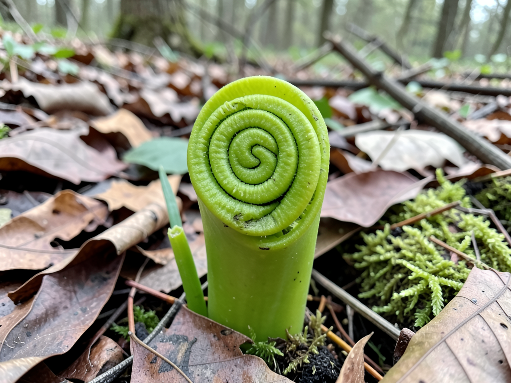 Ostrich fern fiddleheads emerging in spring