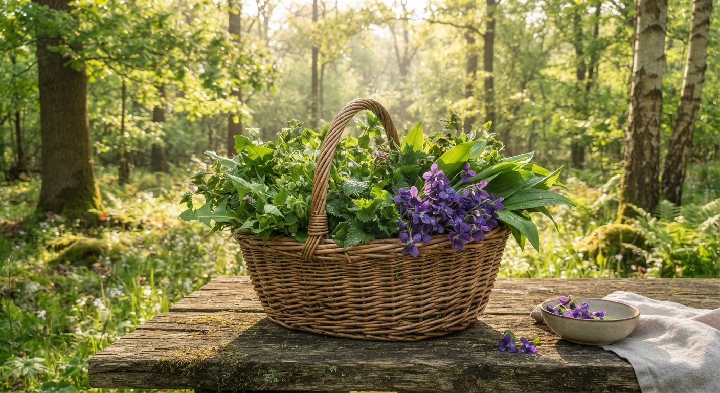 Early spring foraging basket with wild greens