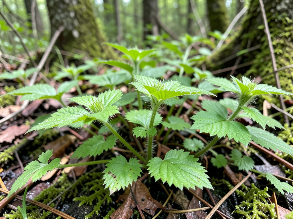 Stinging nettle plant in spring forest