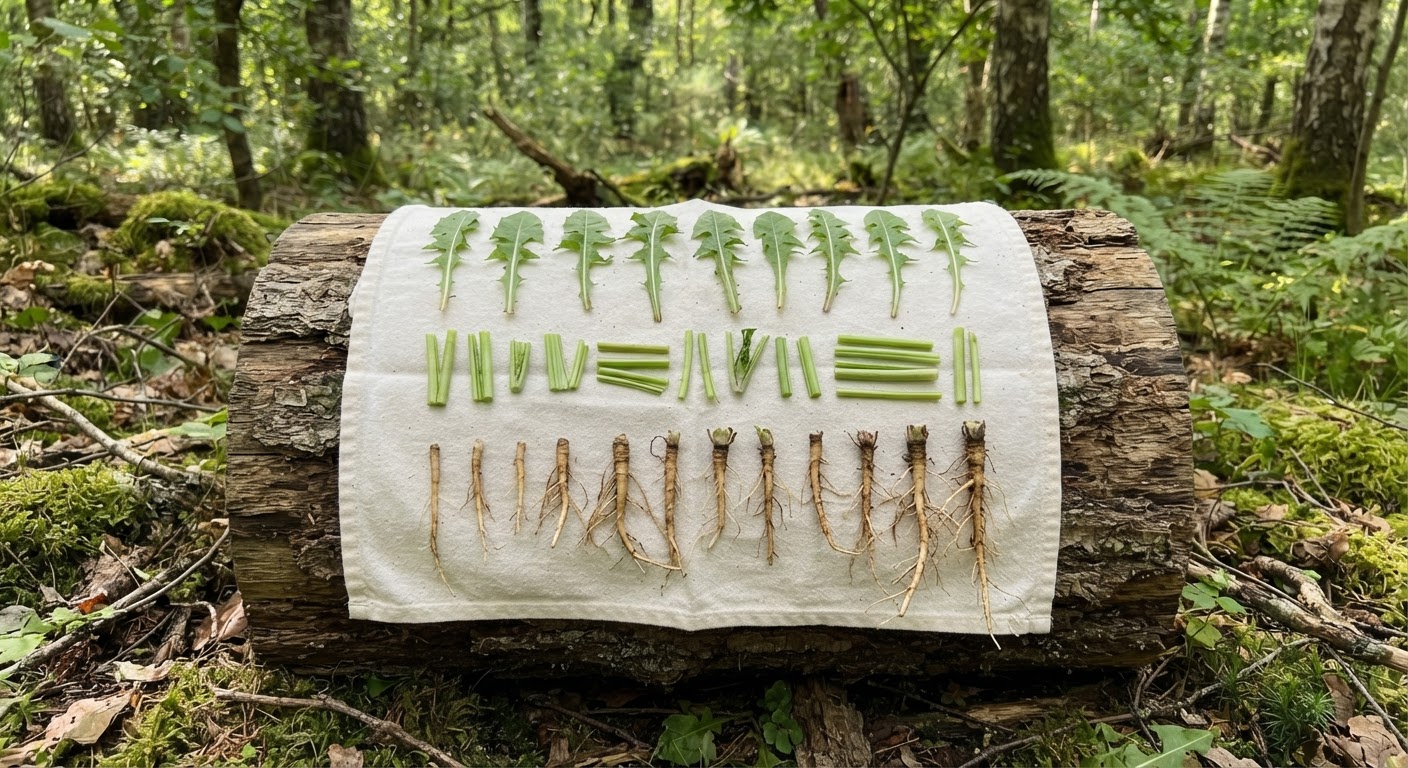 A wild green plant carefully separated into parts — leaves, stem, and root — laid out in neat rows on a clean cloth on a forest log