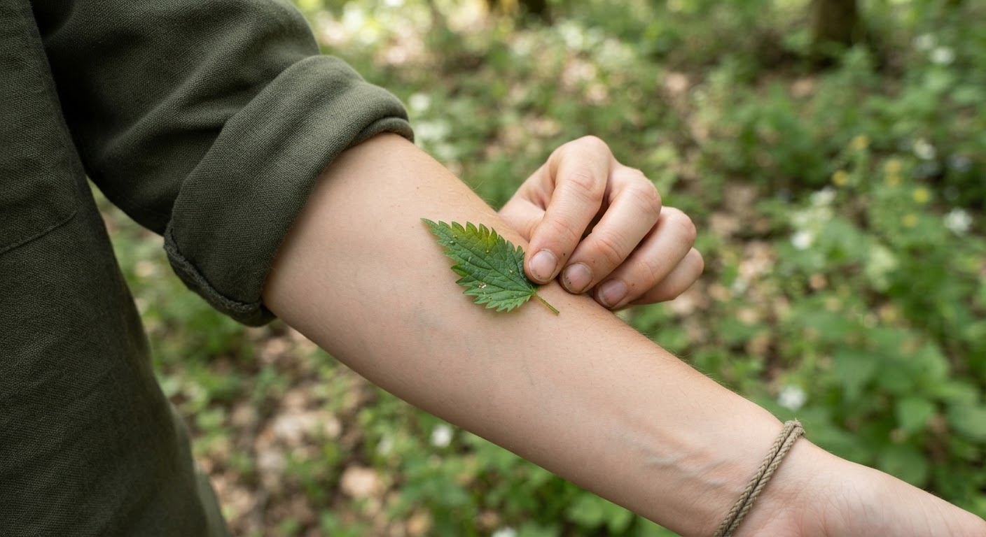 Close-up of a person’s inner forearm with a small piece of green wild leaf gently placed against the skin to test for irritation