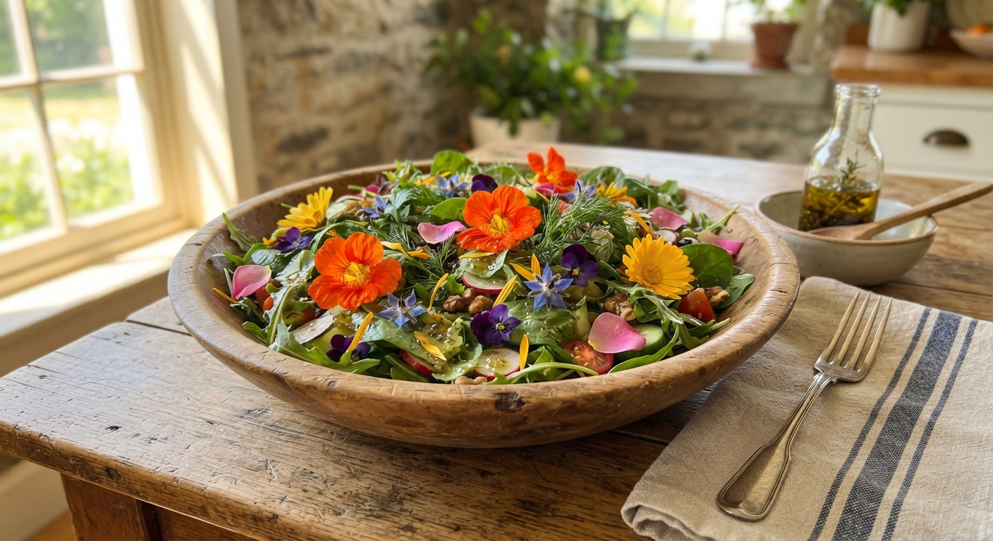 A rustic bowl of salad with colorful edible flowers