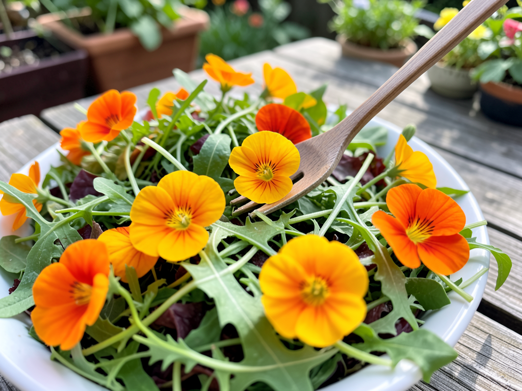 Close-up of orange and yellow nasturtium flowers on arugula salad