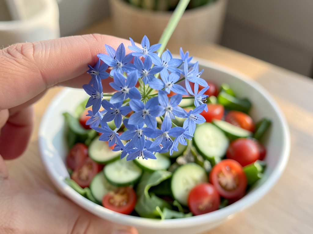 A hand holding blue borage flowers over a summer salad