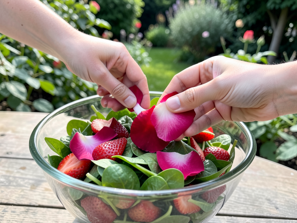 Hands pulling pink rose petals over spinach and strawberry salad