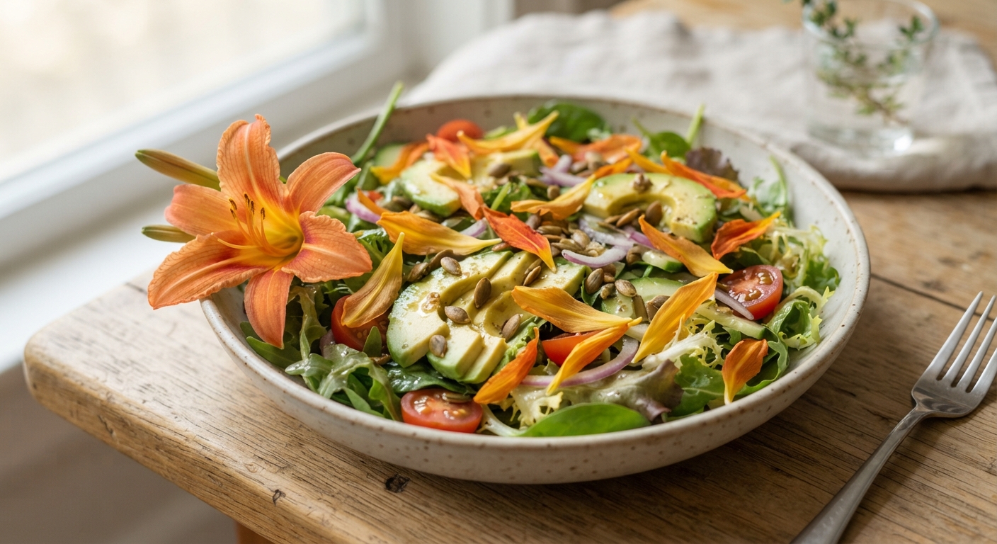 Vibrant salad with orange daylily petals and avocado