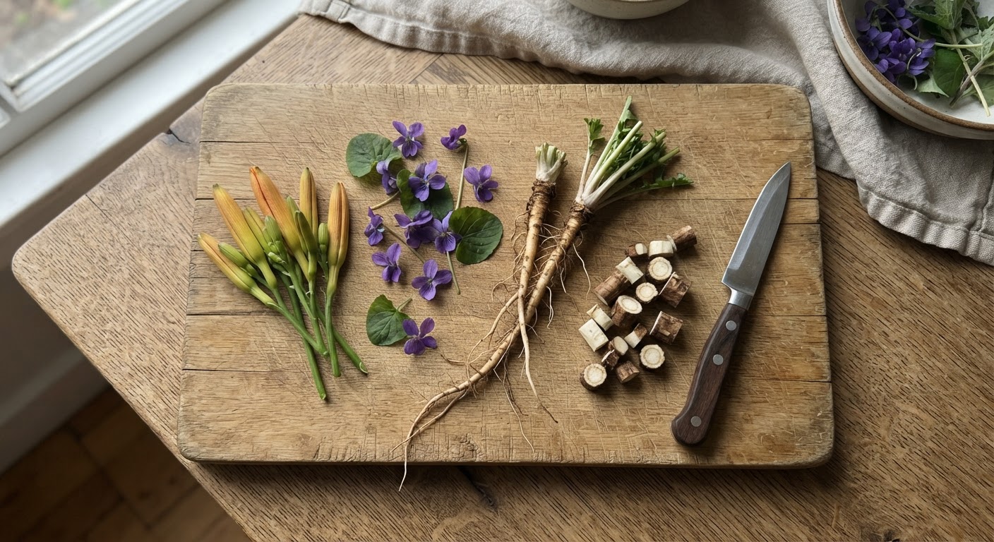 A wooden cutting board showing edible wild flowers and roots — daylily flower buds, violet blossoms, dandelion root and burdock root in a row next to a small paring knife, soft window light, top-down view, realistic, shot by iphone 13