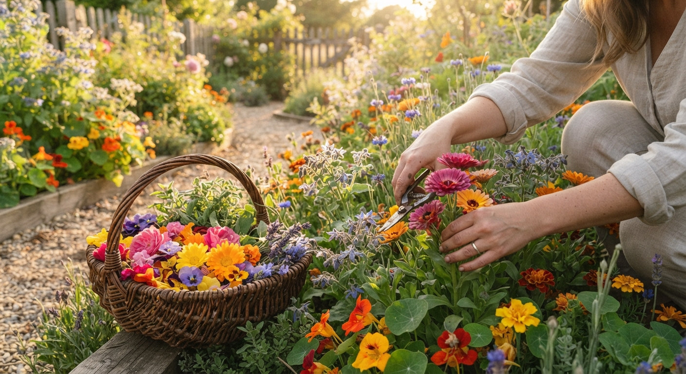Hands harvesting colorful edible flowers from a lush garden at golden hour