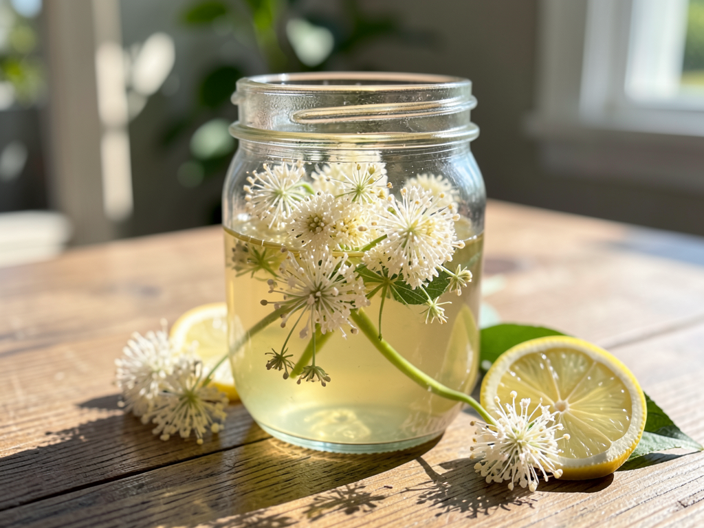 Homemade elderflower cordial in a glass jar with fresh blooms and lemon slices