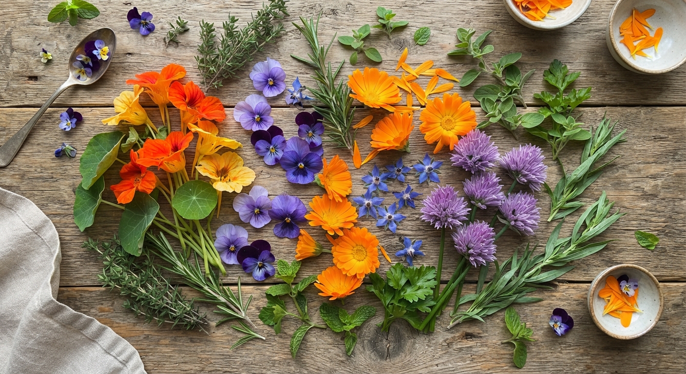 Colorful edible flowers flat lay arrangement on rustic wooden table