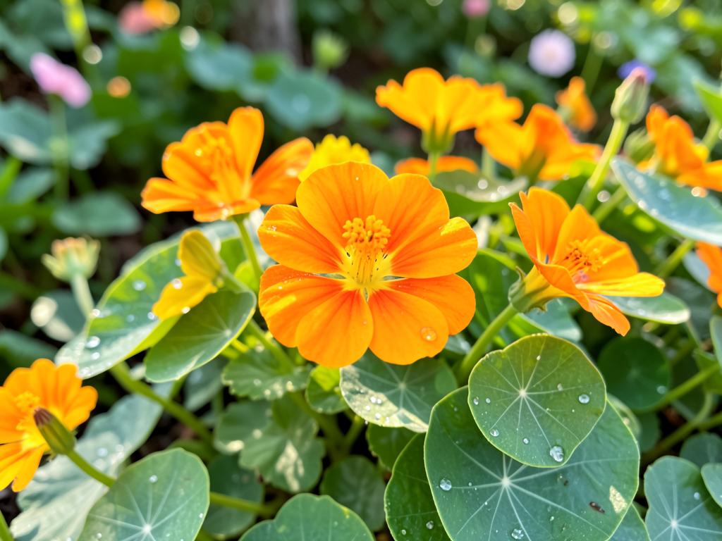 Close-up of orange and yellow nasturtium flowers with round green leaves in a garden