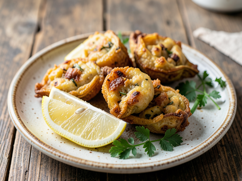 Fried stuffed squash blossoms on a ceramic plate with lemon wedges