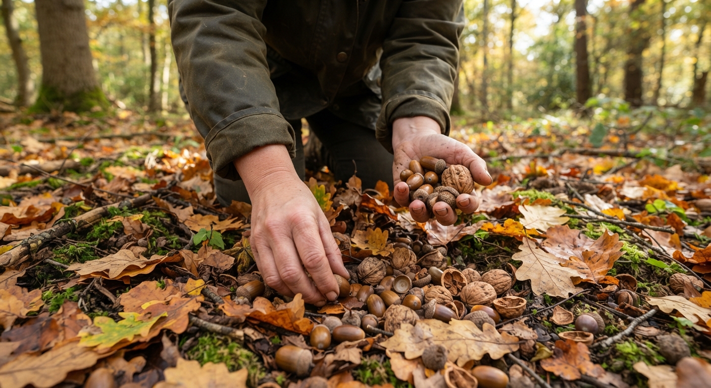 A forager’s hands collecting acorns and walnuts among scattered autumn leaves on a forest floor, crisp fall light