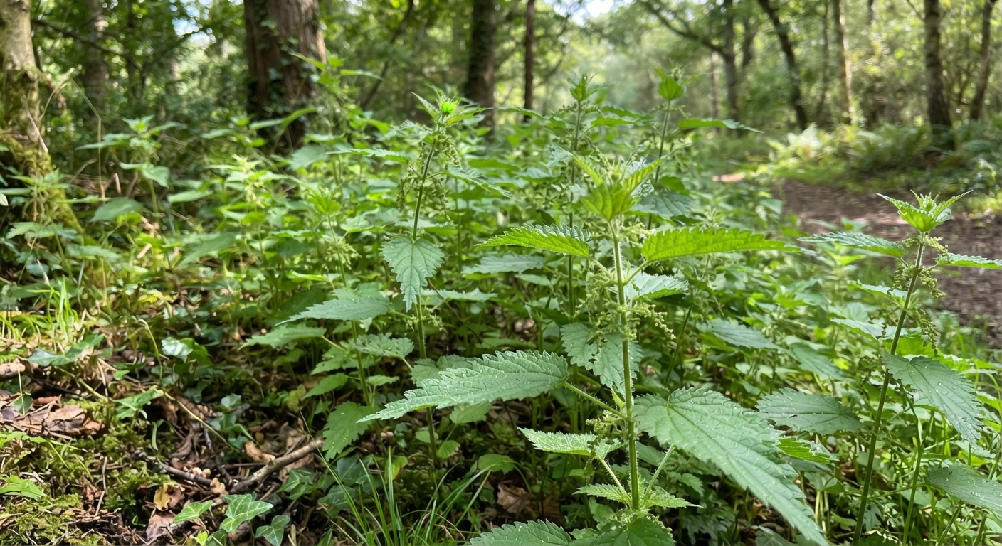 A patch of stinging nettle with saw-toothed green leaves and fine stinging hairs at a woodland edge