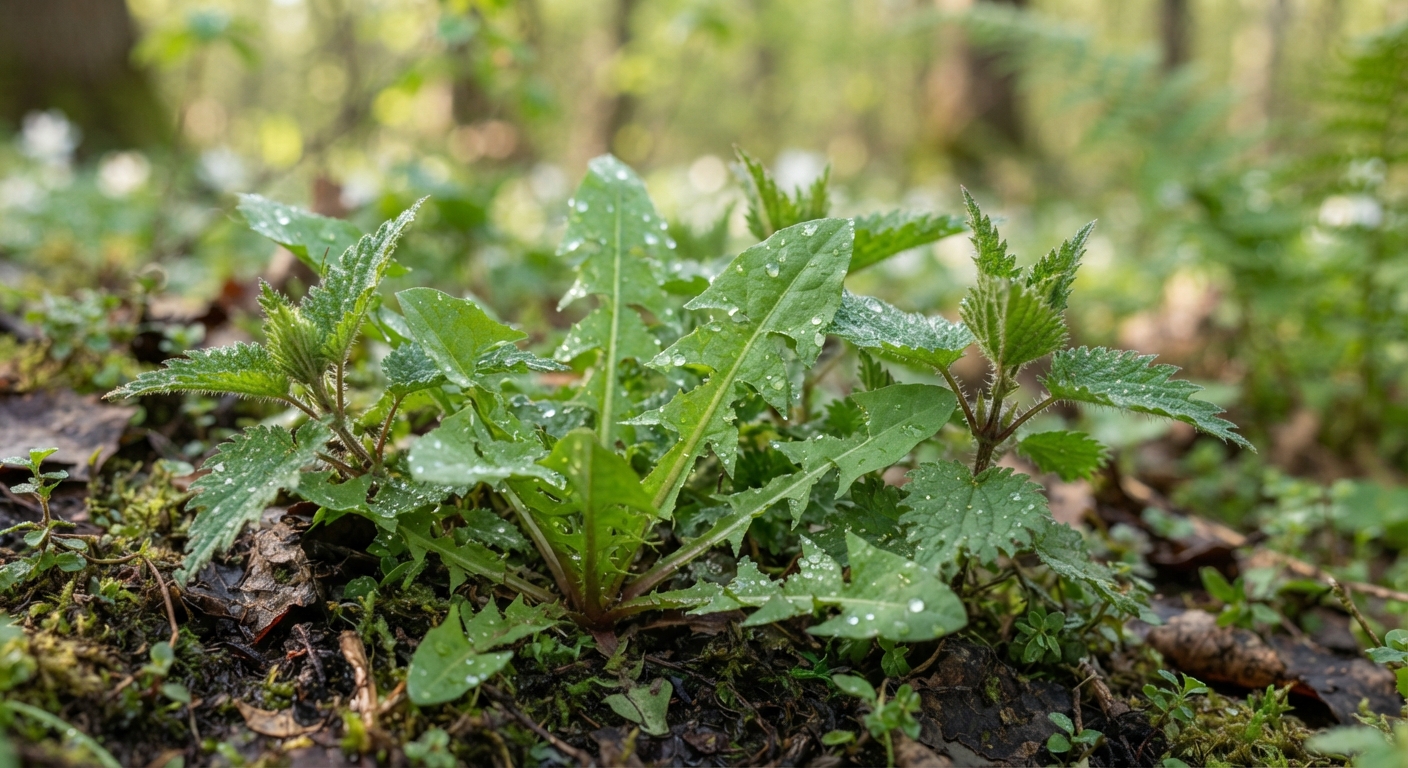 Close-up of fresh young dandelion greens and stinging nettle tops growing together in a spring forest clearing, morning dew on the leaves