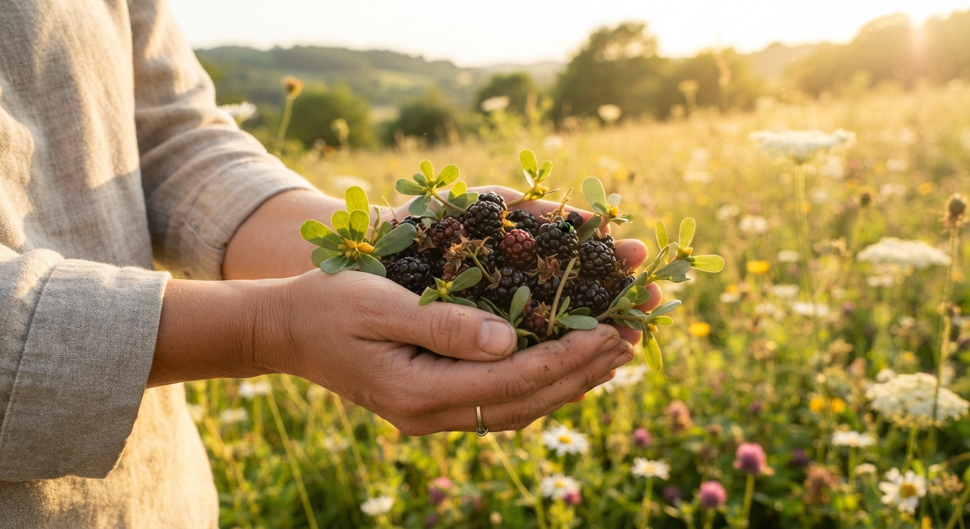 Hands holding freshly picked wild blackberries and purslane leaves in a sunny summer meadow, warm golden light