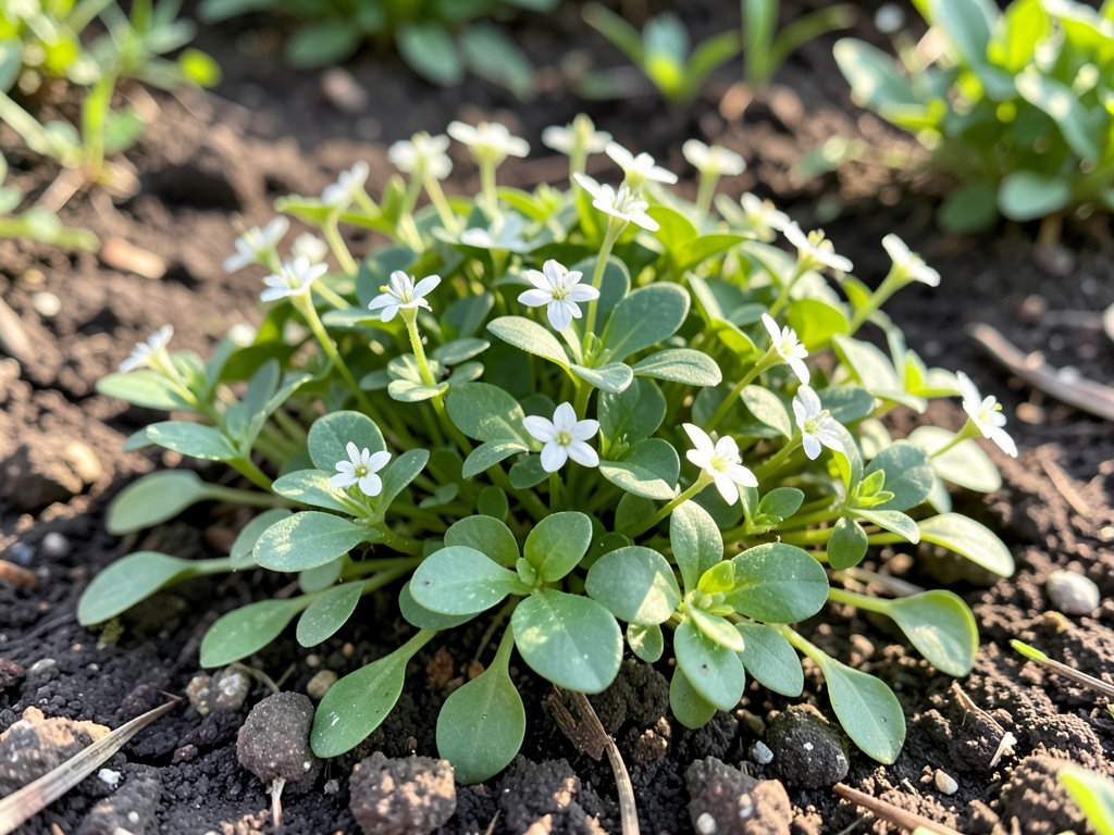 Close up of chickweed plant with small white flowers