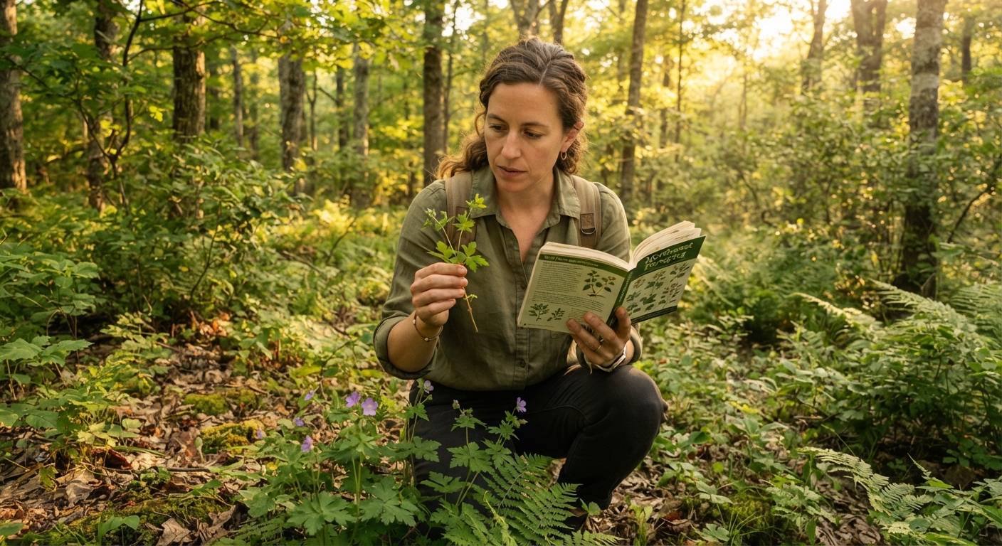 Forager carefully examining plant leaves in forest setting