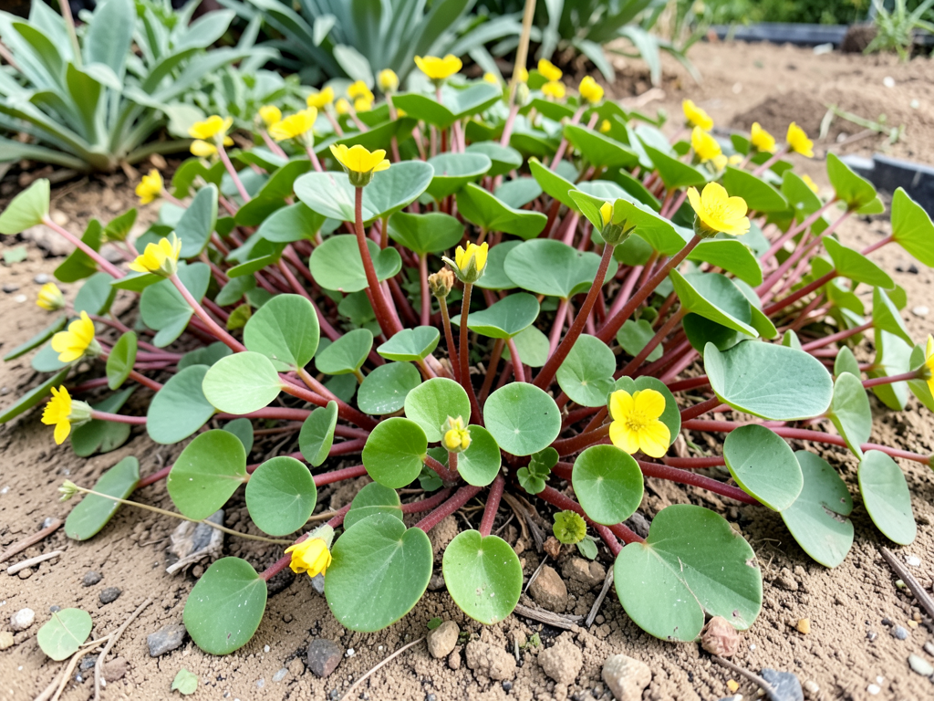 Purslane plant with thick succulent leaves growing from soil