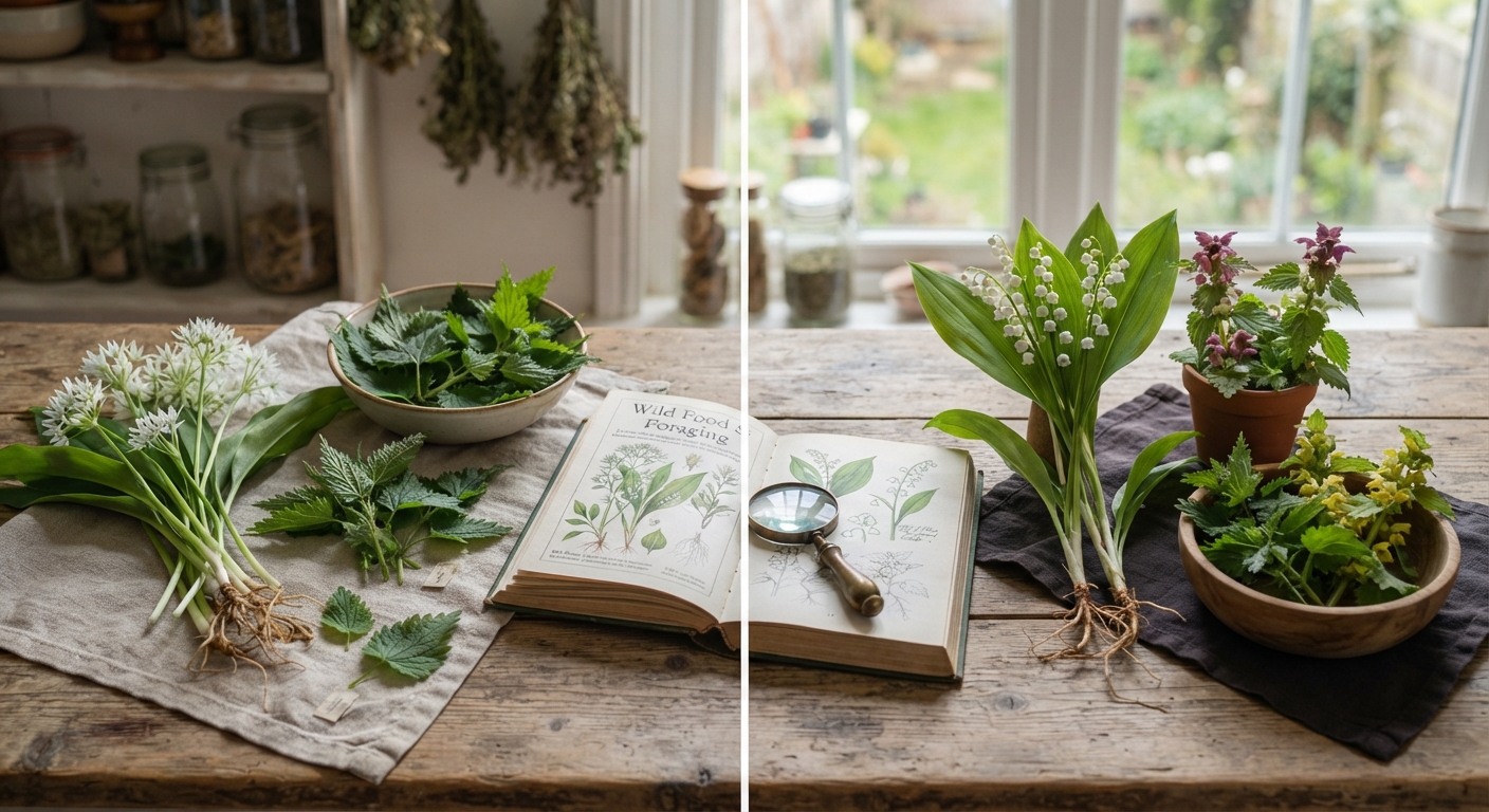 Edible vs poisonous plants comparison on rustic table with field guide