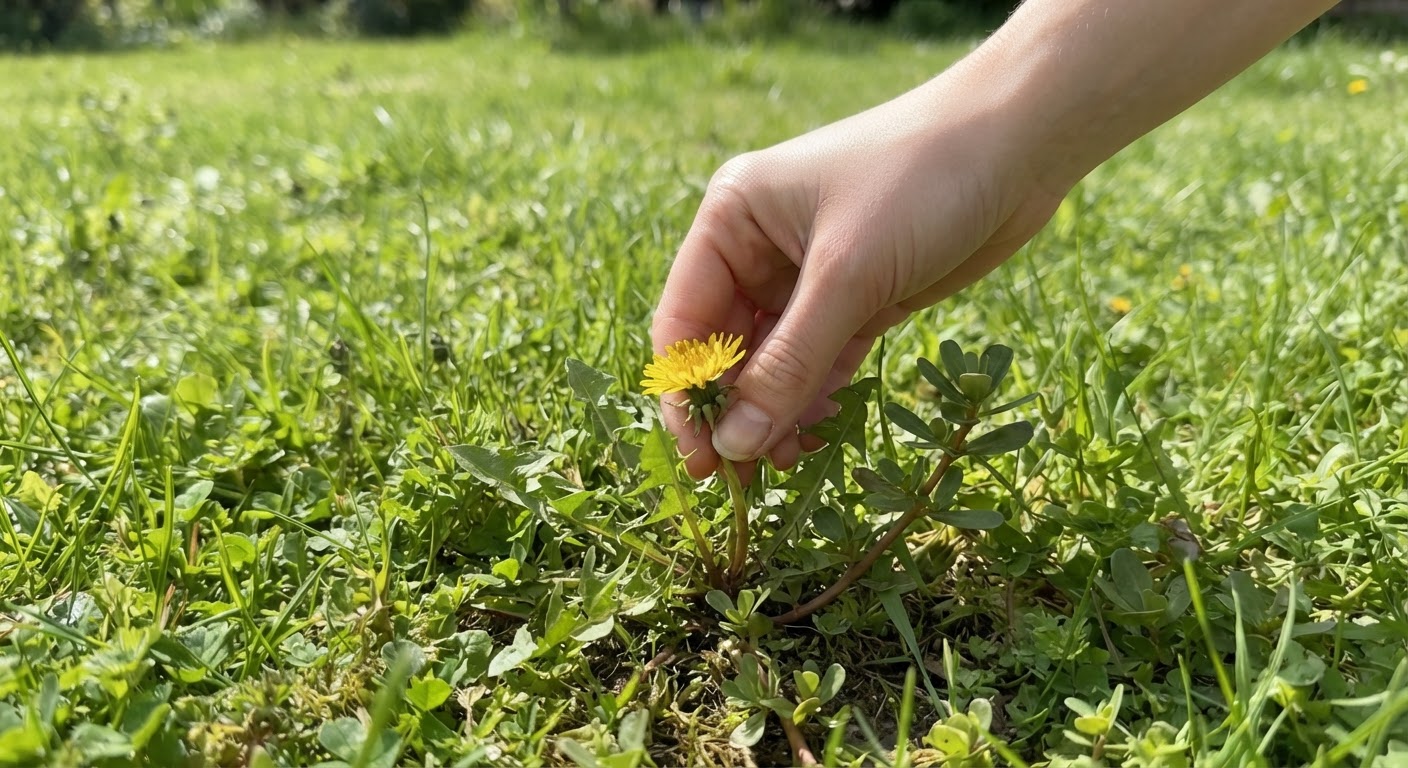 Close-up of a person’s hand reaching down to pick dandelion and purslane growing low in green lawn grass, shallow depth of field, bright natural daylight