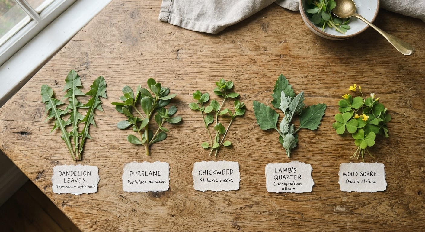 A flat lay comparison on a rustic wooden table showing wild edible greens side by side including dandelion, purslane, chickweed, lambs quarters, and wood sorrel