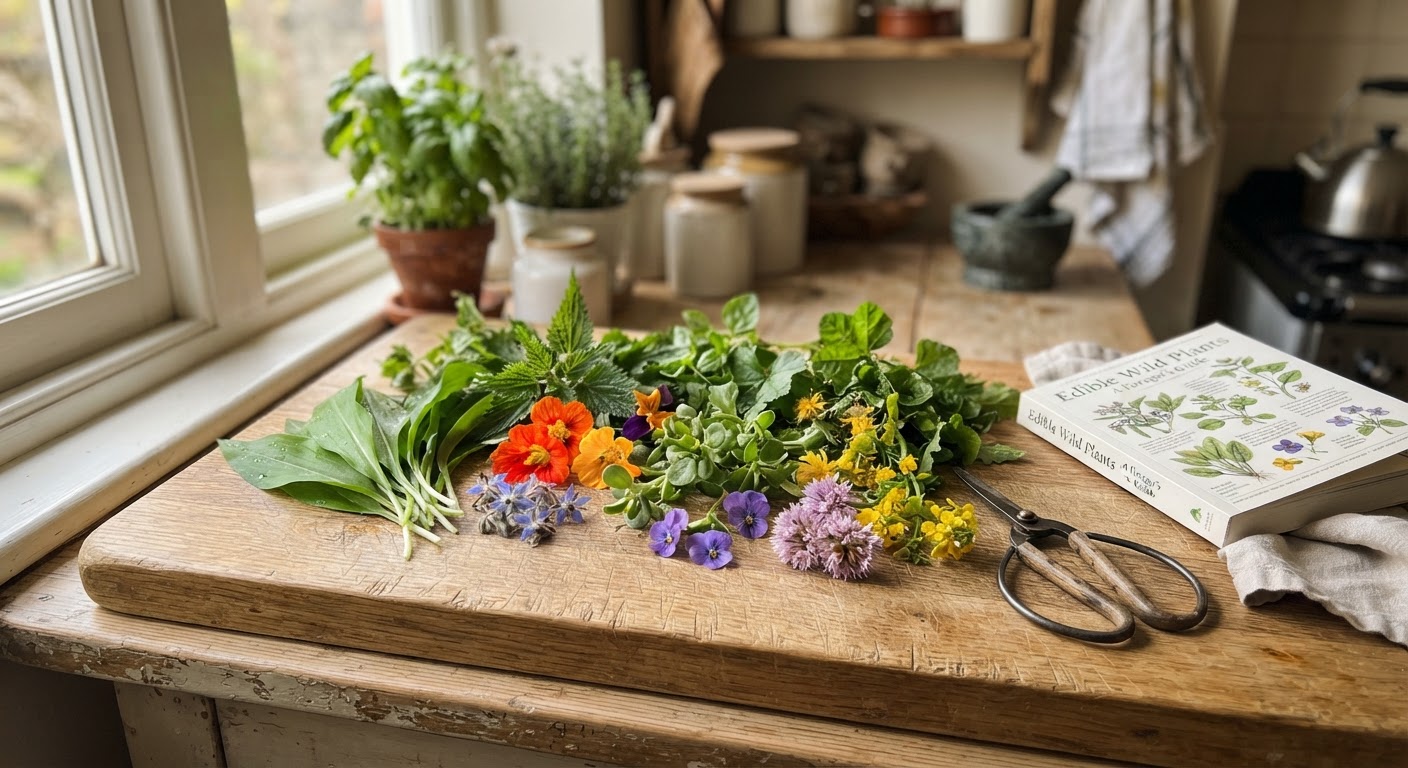 Freshly foraged wild greens and edible flowers arranged on rustic wooden board with scissors and field guide