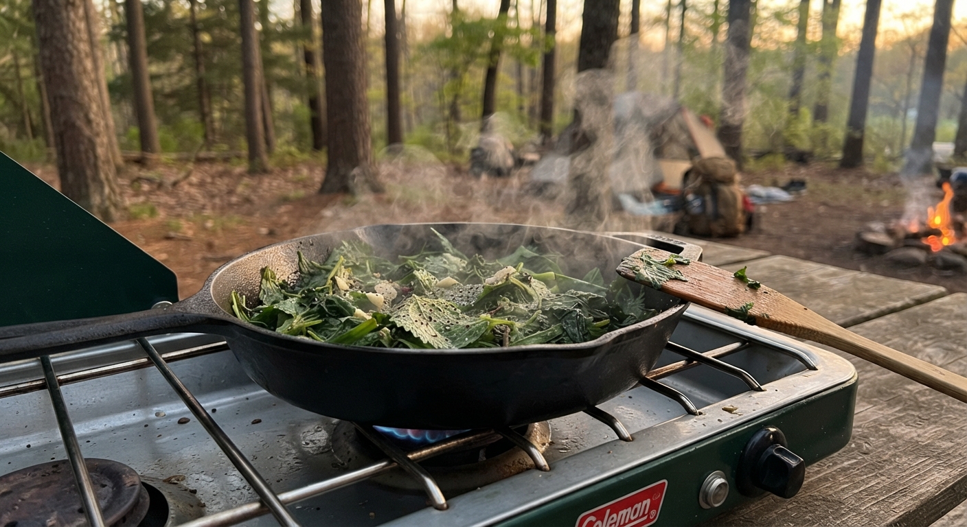 A cast iron skillet with sauteed wild greens on a camp stove in a forest setting, realistic, shot by iphone 13