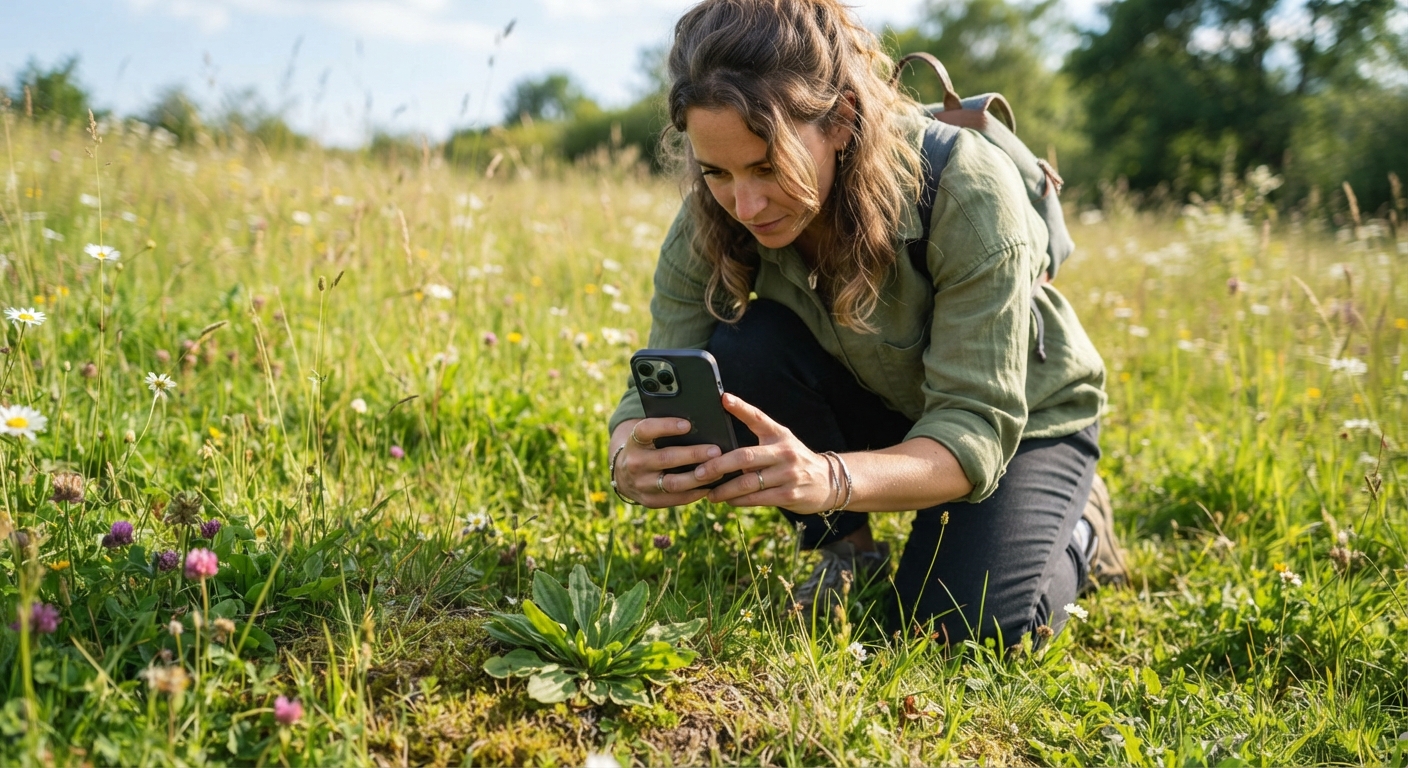 A person kneeling in a sunny meadow photographing a low-growing wild green plant with a smartphone, natural light