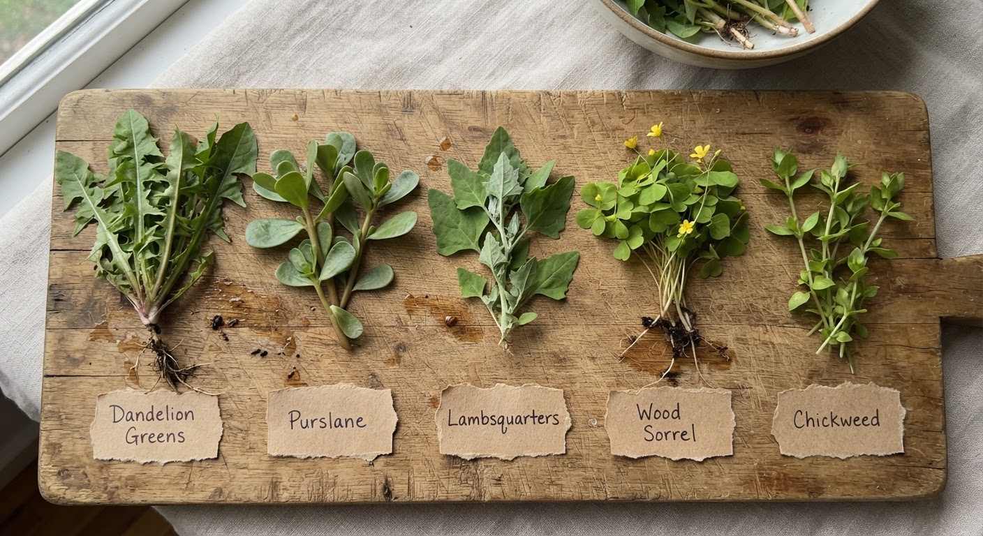 A close-up flat lay of common edible wild plants on a wooden board — dandelion, purslane, lamb’s quarters, wood sorrel, and chickweed — in natural daylight