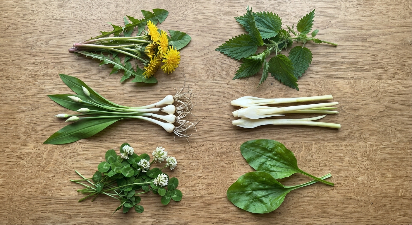 A flat lay composition on a wooden surface showing the six green tier edible wild plants: dandelion leaves and flowers, stinging nettle, wild garlic bulbs and leaves, young cattail shoots, white clover, and broadleaf plantain