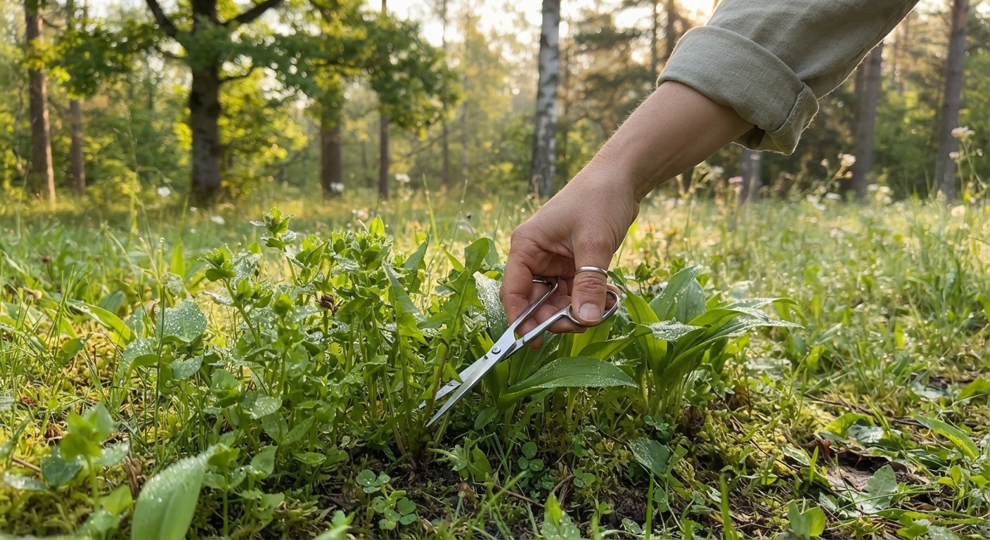 A person’s hand gently cutting fresh wild greens with scissors close to the ground in a green meadow at the forest edge, morning dew on leaves