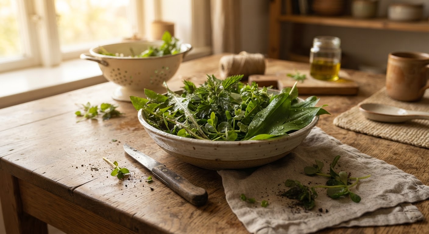 A wooden kitchen table with a bowl of freshly washed wild greens and a small harvest knife in warm natural light